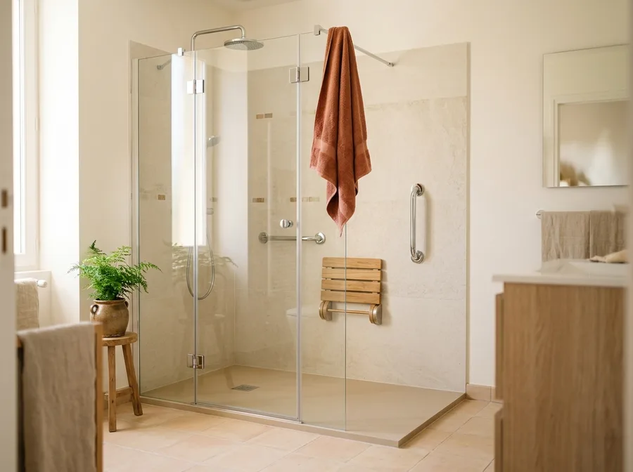 Douche à l'italienne adaptée : receveur antidérapant, paroi vitrée, barre d'appui et siège rabattable