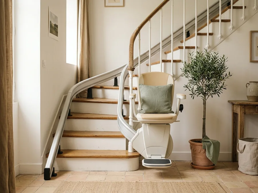 Monte-escalier installé sur un escalier droit : le rail fixé aux marches et le siège rembourré