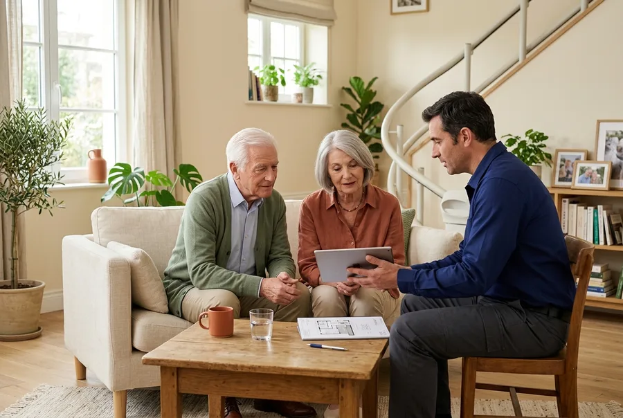 Un artisan montre un plan sur tablette à un couple de seniors, dans leur salon