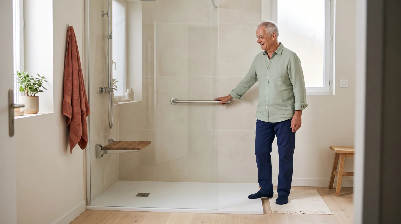 Un homme de 70 ans debout à côté d'une douche de plain-pied avec barre d'appui, siège rabattable et paroi vitrée