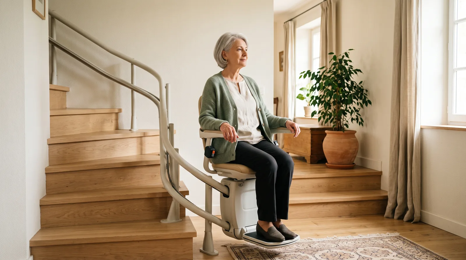 Une femme de 70 ans assise sur un monte-escalier installé sur un escalier tournant, dans une entrée lumineuse